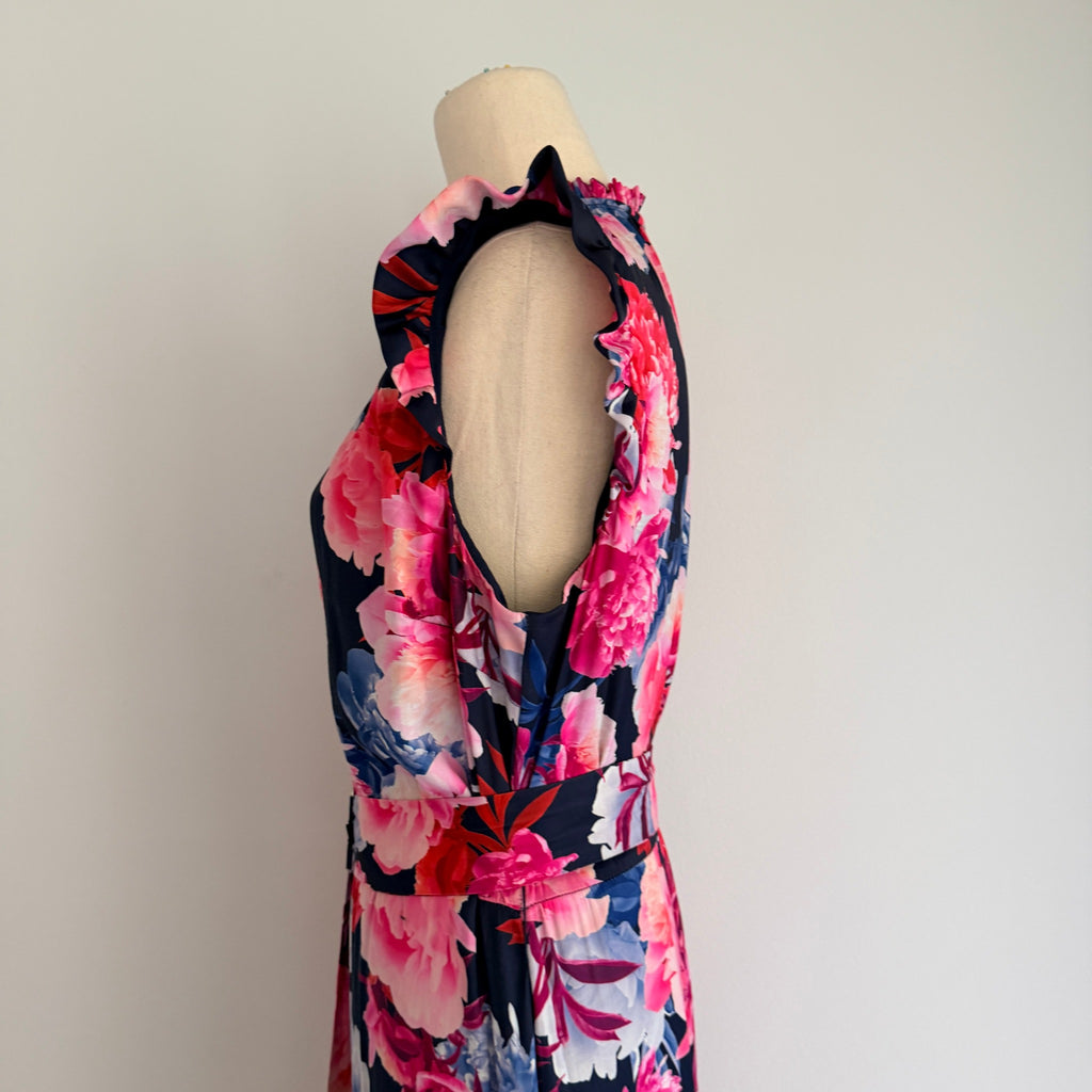 Portmans Floral Maxi Dress Navy Pink Tiered Sleeveless With Belt Sz 14 Casual - Image 5