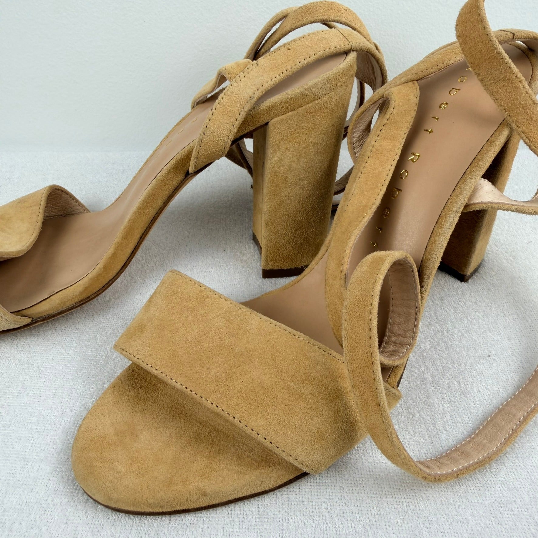 Robert Robert Tan Suede Ankle Wrap Block Heel Sandals Size 39 - Image 4