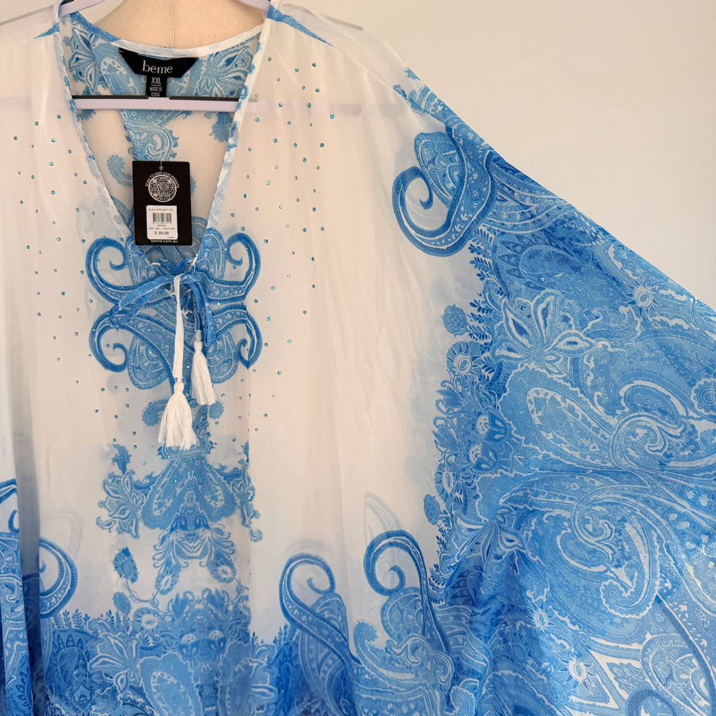 Beme Blue White Paisley Polyester Kaftan Top Size XXL Boho Beach Cover Up BNWT - Image 9