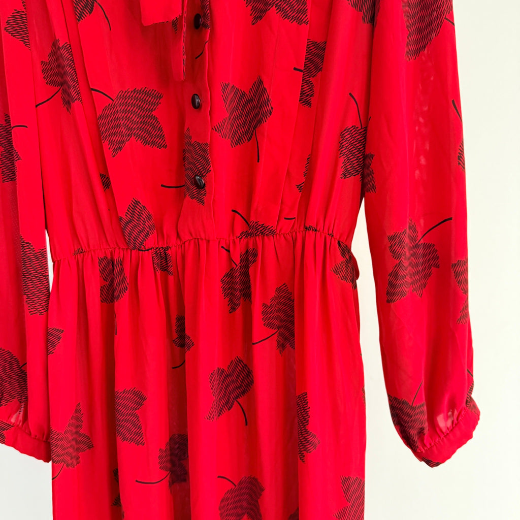 Maxine Vintage Red Black Leaf Print Polyester Pussy Bow Midi Dress Sz 14 Retro - Image 7