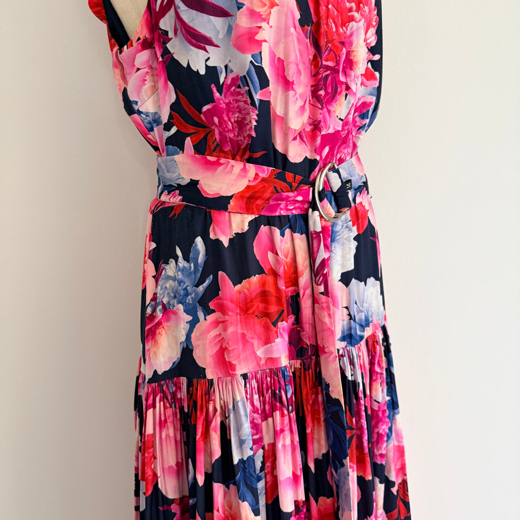 Portmans Floral Maxi Dress Navy Pink Tiered Sleeveless With Belt Sz 14 Casual - Image 10