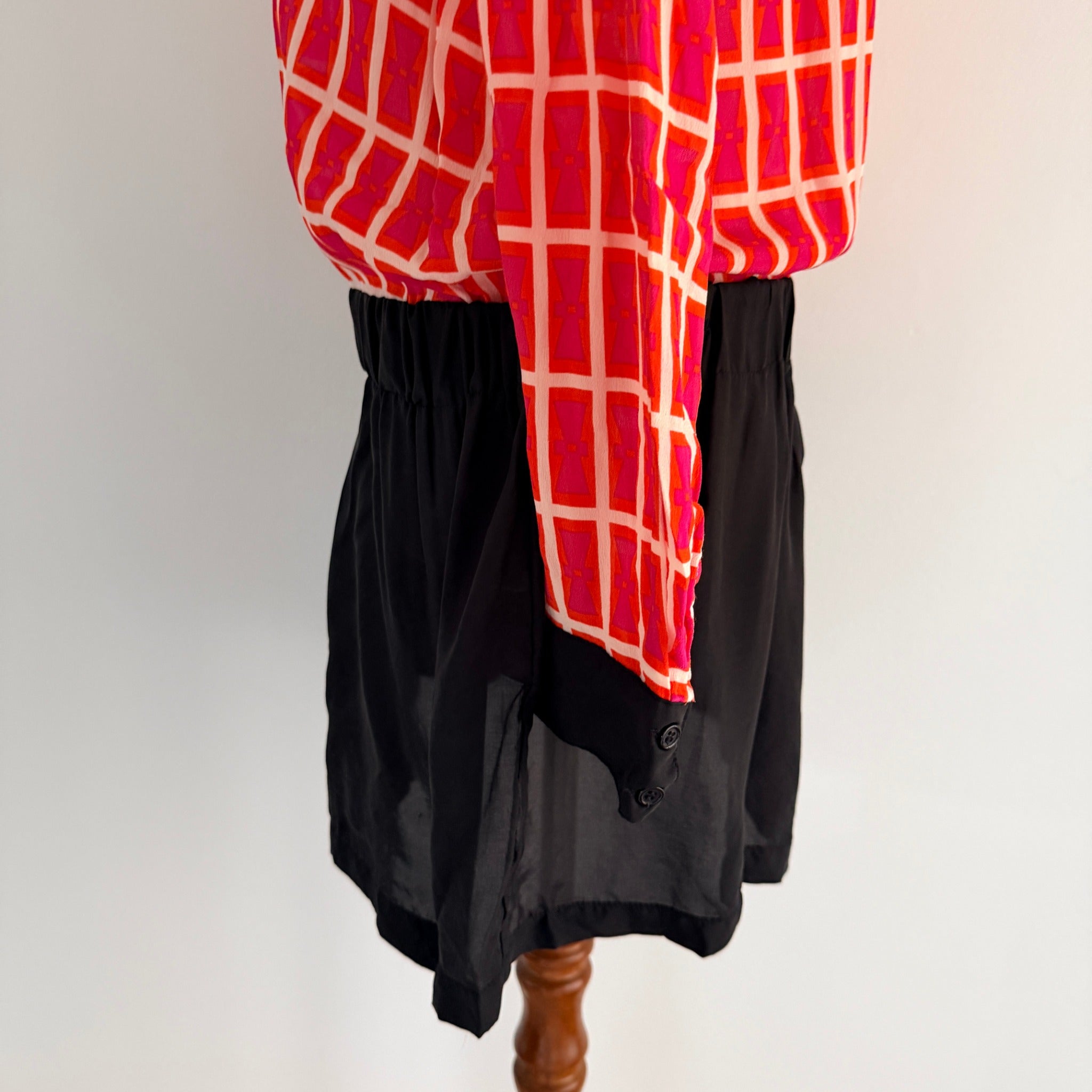 Orange Black Silk Geometric Print Shirt Dress Size S Boho Casual - Image 7