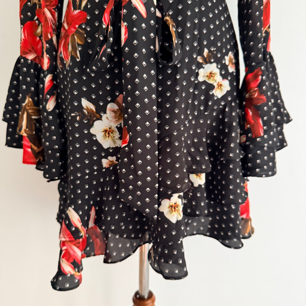 Sheike Black Floral Polka Dot Ruffle Wrap Dress Size 8 - Image 9