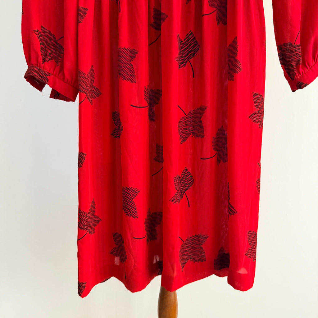 Maxine Vintage Red Black Leaf Print Polyester Pussy Bow Midi Dress Sz 14 Retro - Image 10