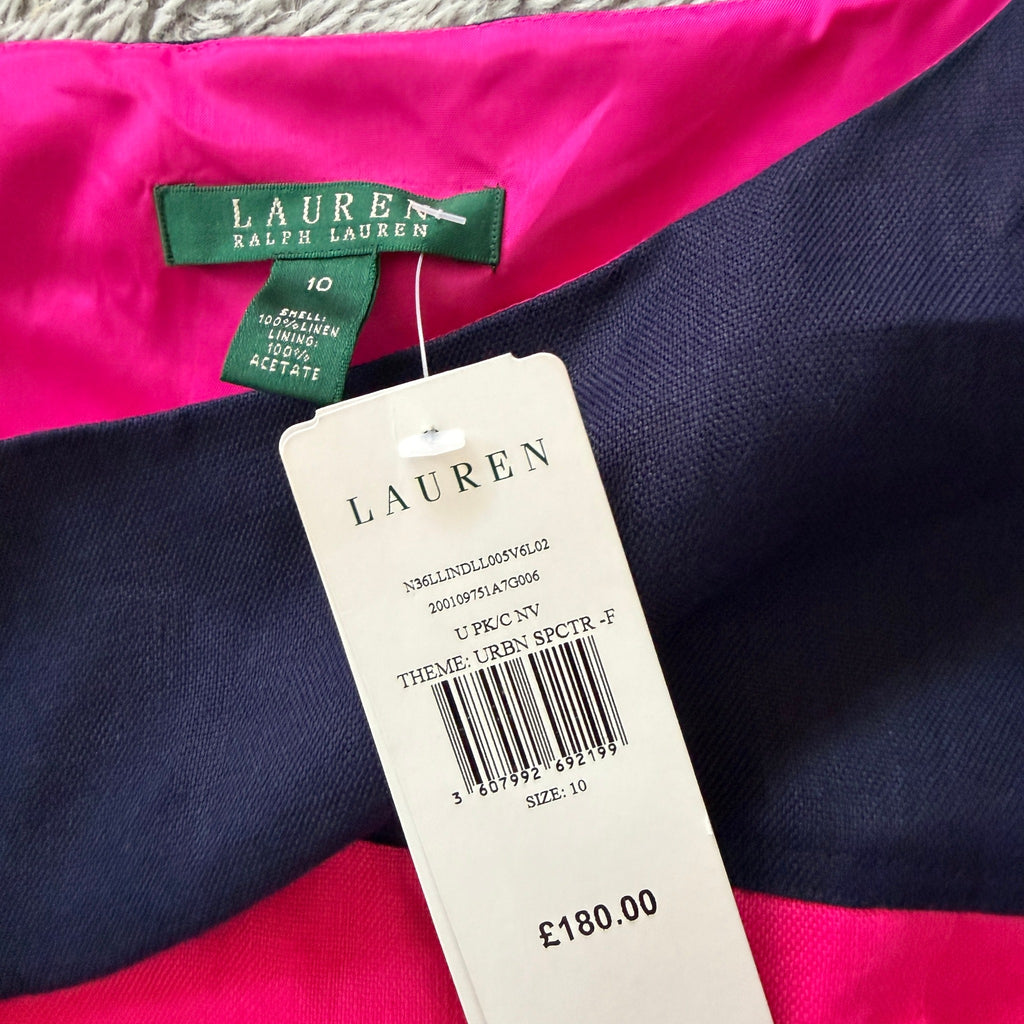 Lauren Ralph Lauren Colourblock Linen Dress Navy Pink Size 10 - Image 7