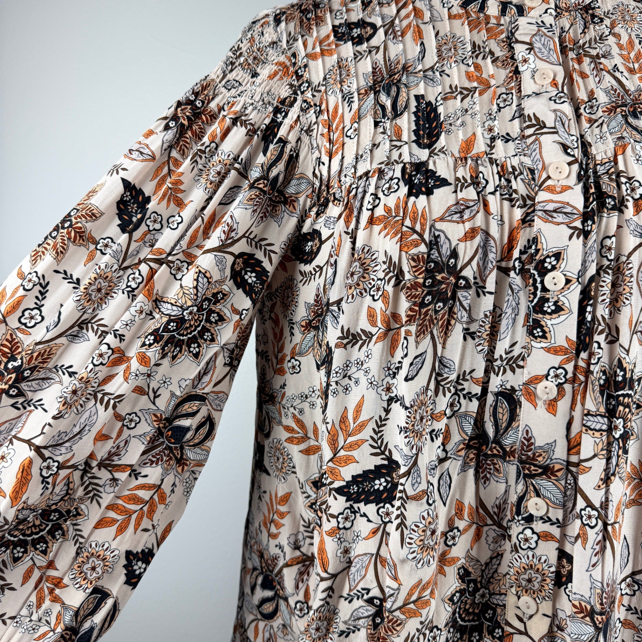 Witchery Beige Floral Print Viscose Blouse Size 6 Button Down Long Sleeve Boho - Image 11
