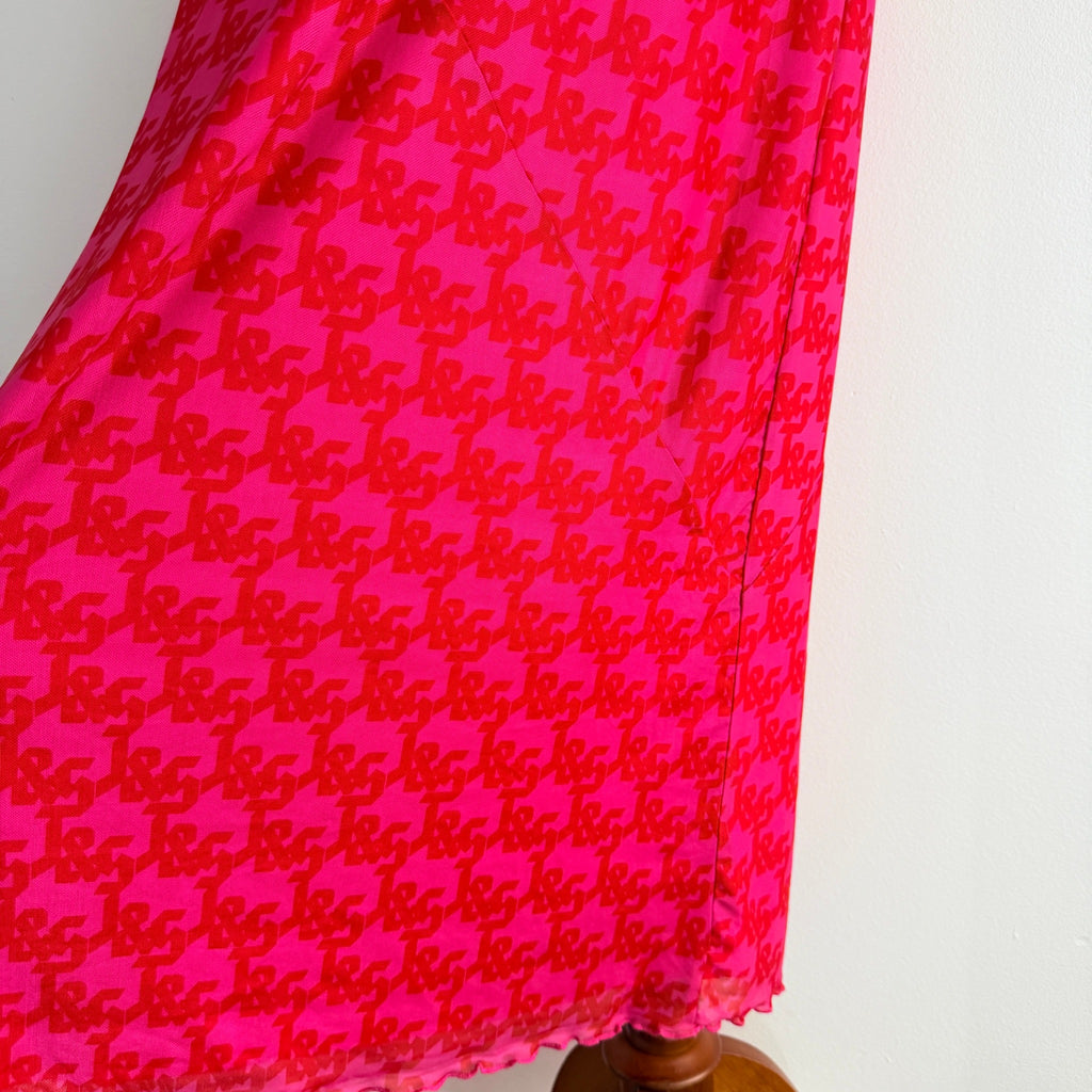 JGR & STN Pink Red Polyester Monogram Mesh Maxi Skirt Size 10 Party Night Out - Image 7
