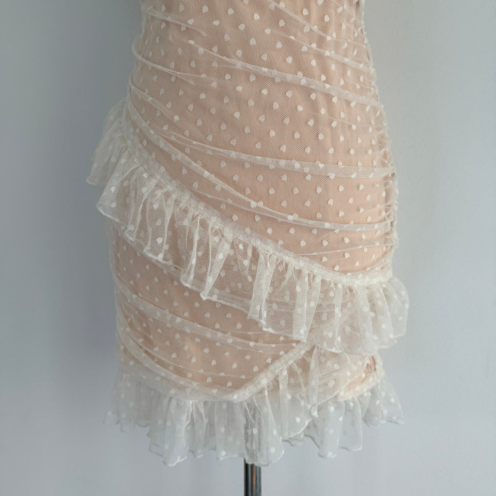 MDS Collections White Nude Mesh Swiss Dot Ruffle Mini Dress Size S Party - Image 8