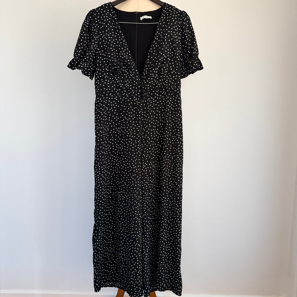Dissh Black Polka Dot Polyester Jumpsuit Sz 14 Puff Sleeve V-Neck Party - Image 1