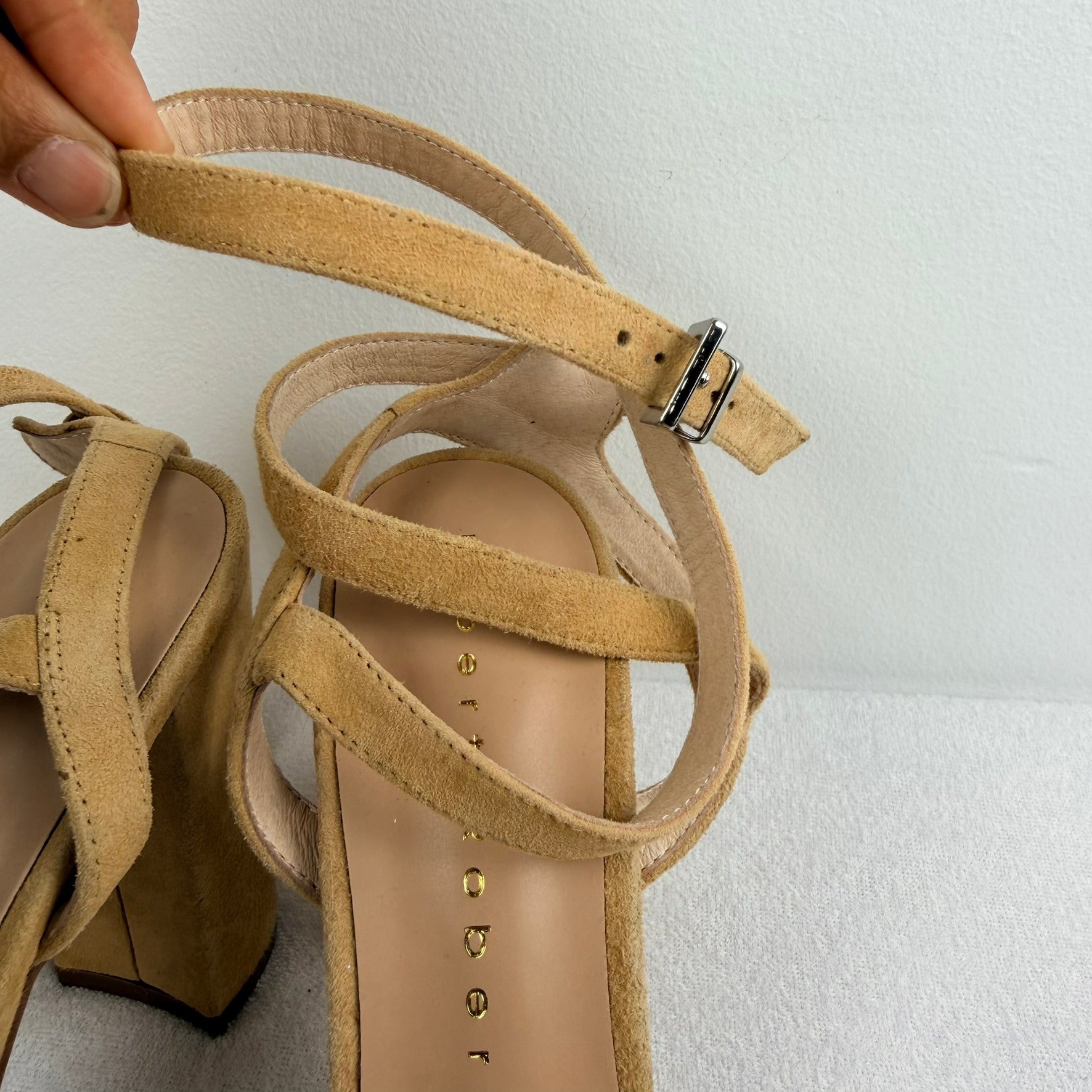 Robert Robert Tan Suede Ankle Wrap Block Heel Sandals Size 39 - Image 5