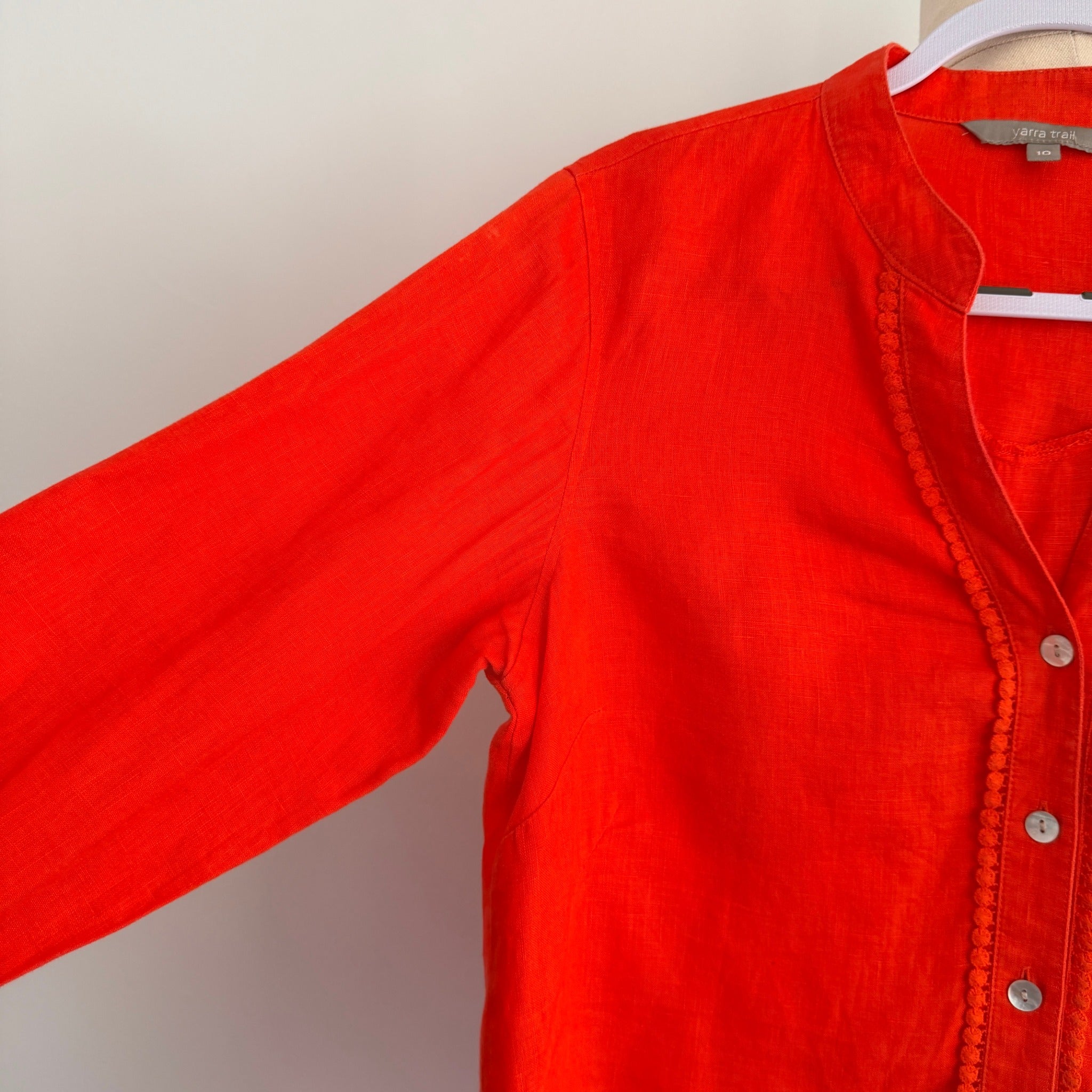 Yarra Trail Orange 100% Linen Button Up Shirt Size 10 Crochet Trim Casual - Image 8