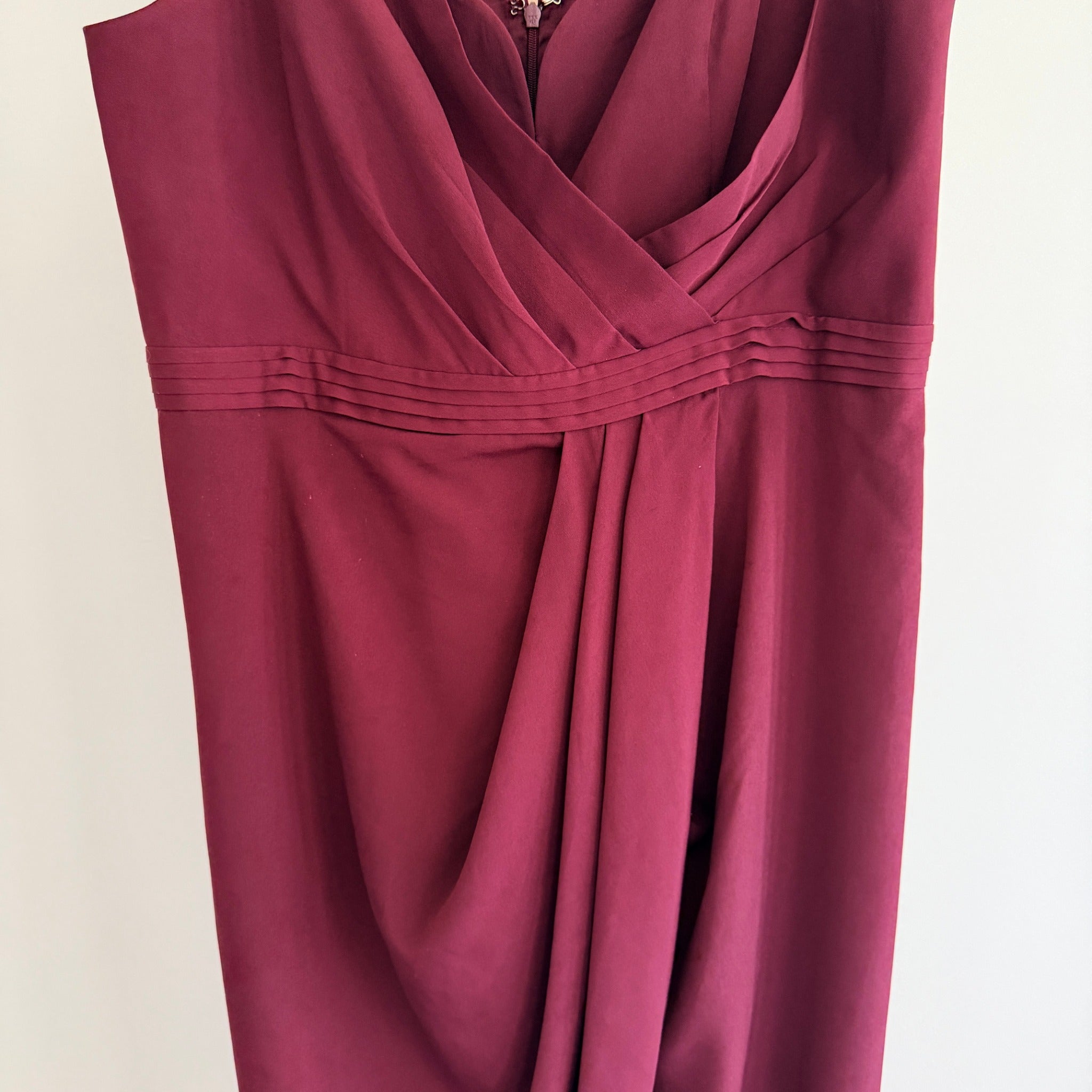 Portmans Signature Midi Dress Burgundy Draped Bodice Wrap Style Size 16 Party - Image 5
