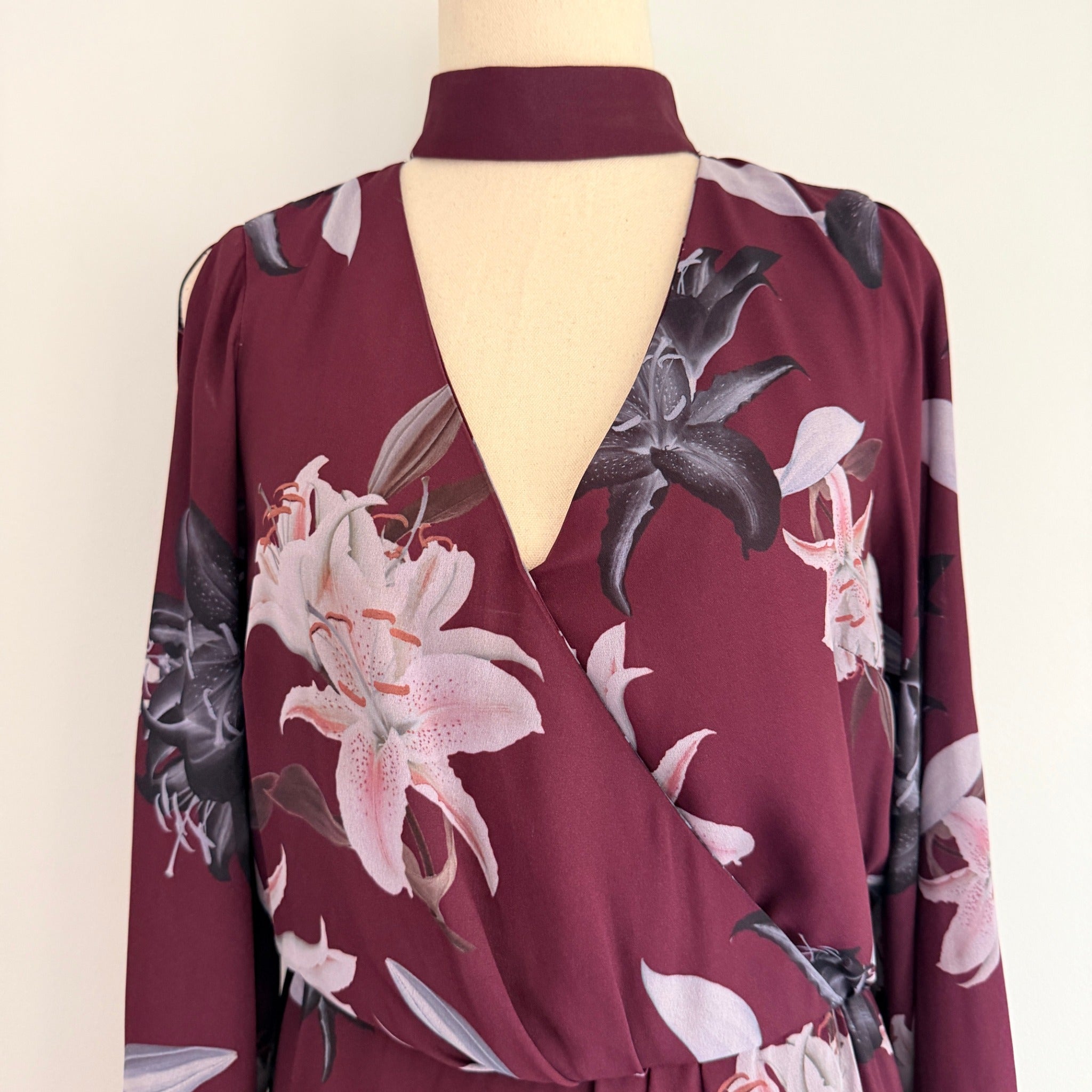 Portmans Floral Wrap Dress Burgundy Size 8 Elegant Long Sleeve - Image 3