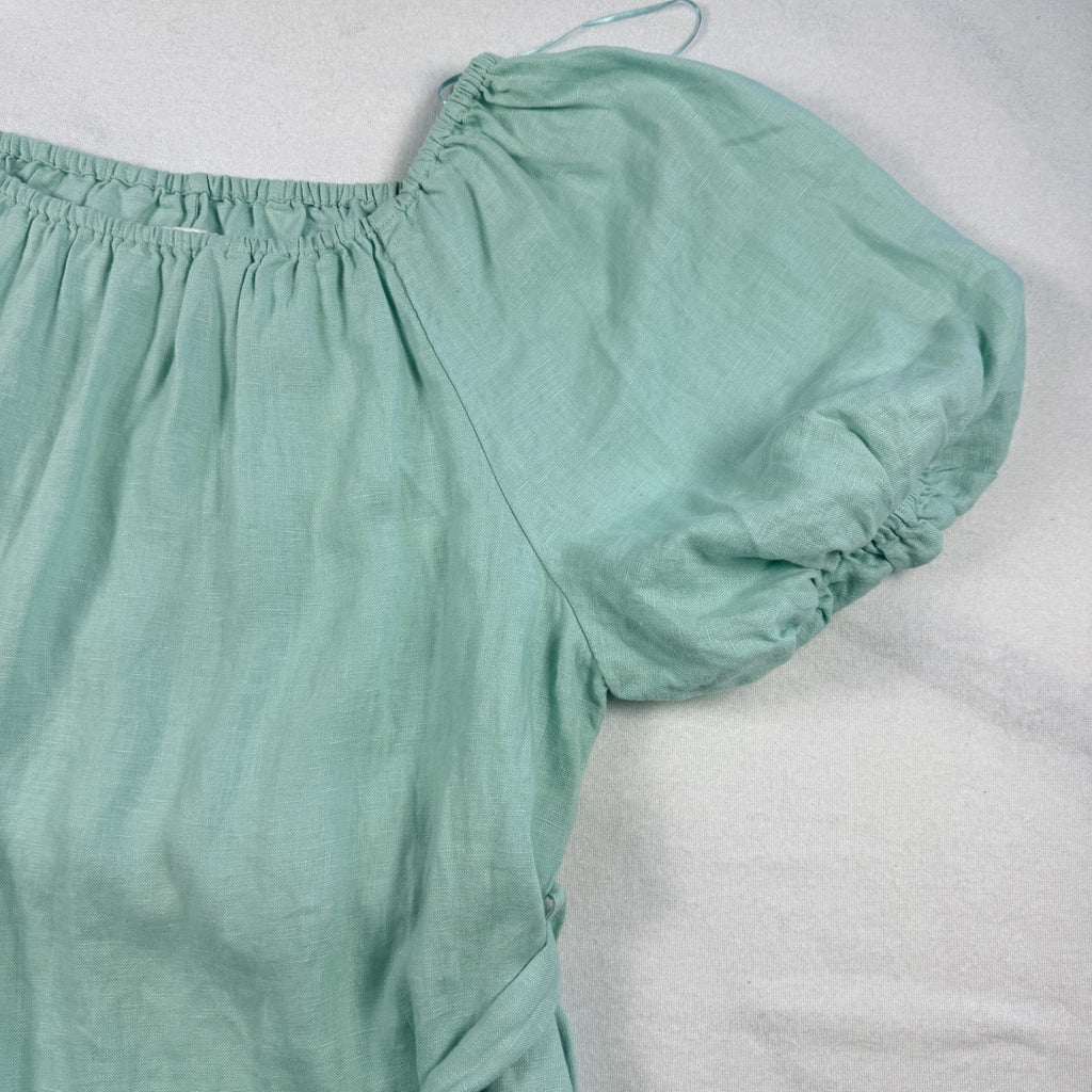 Amelius Mint Green Linen Midi Dress Size XL Puff Sleeve Tie Waist Resort - Image 12