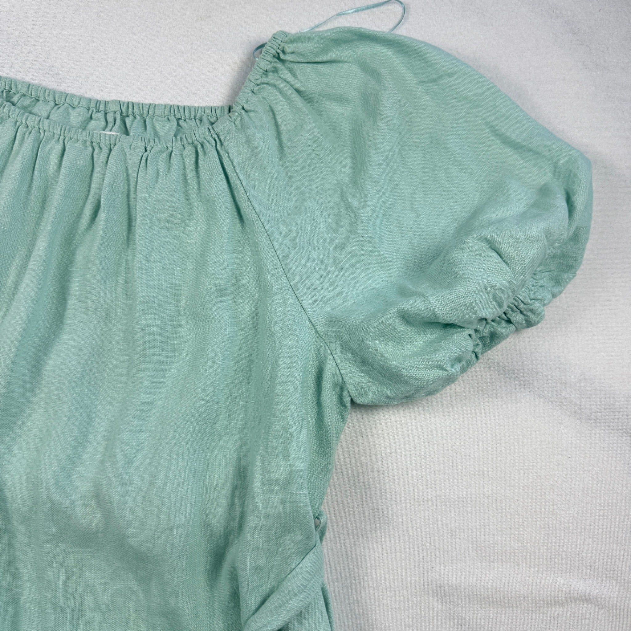 Amelius Mint Green Linen Midi Dress Size XL Puff Sleeve Tie Waist Resort - Image 12