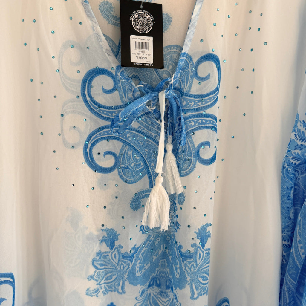 Beme Blue White Paisley Polyester Kaftan Top Size XXL Boho Beach Cover Up BNWT - Image 7