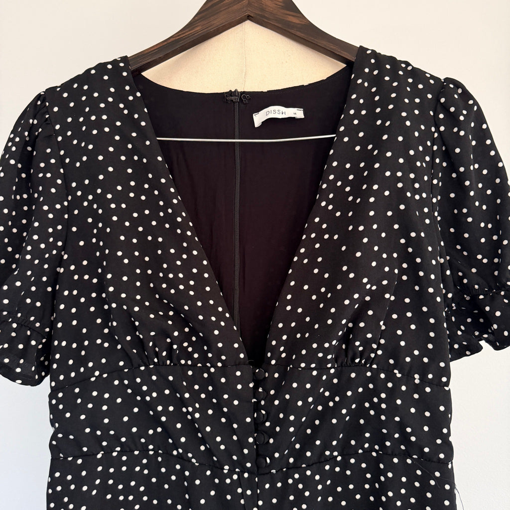 Dissh Black Polka Dot Polyester Jumpsuit Sz 14 Puff Sleeve V-Neck Party - Image 3