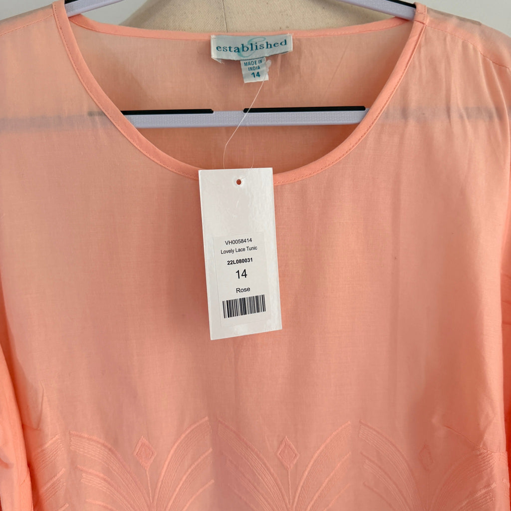 Established Peach Cotton Eyelet Lace Tunic Top Size 14 BNWT Boho Casual - Image 4