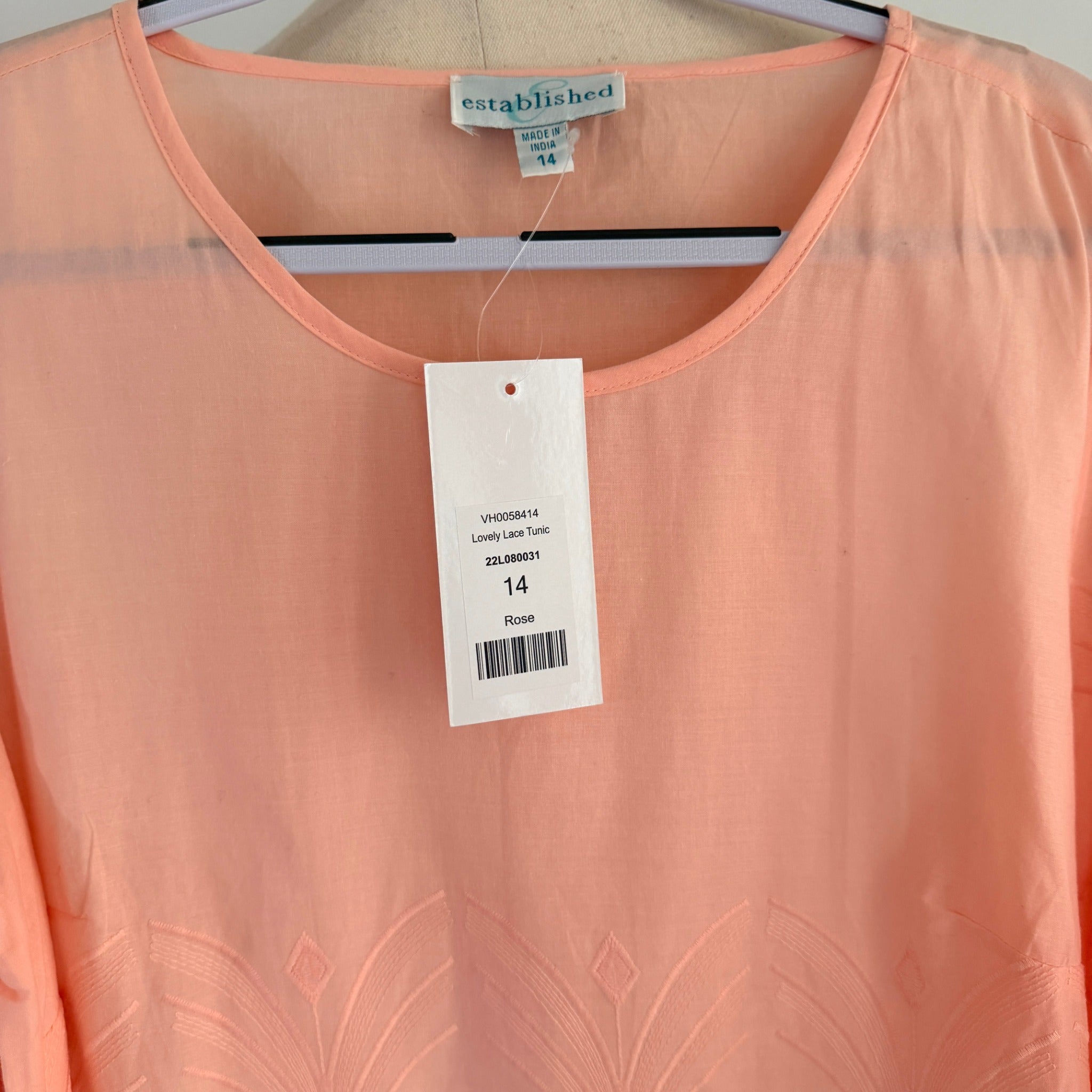 Established Peach Cotton Eyelet Lace Tunic Top Size 14 BNWT Boho Casual - Image 4