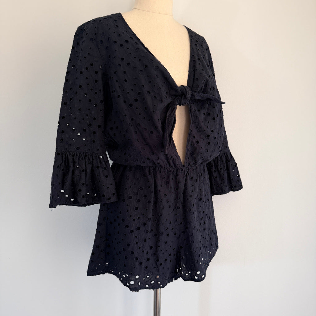 Seed Heritage Black Cotton Eyelet Playsuit Sz 10 Tie-Front Bell Sleeve Summer - Image 9