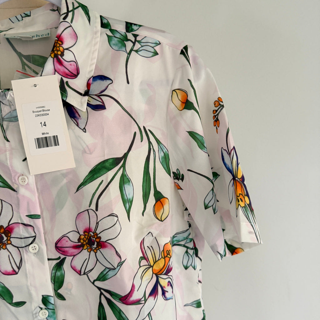 Established Bouquet Blouse White Floral Polyester Top Sz 14 Summer NWT - Image 8