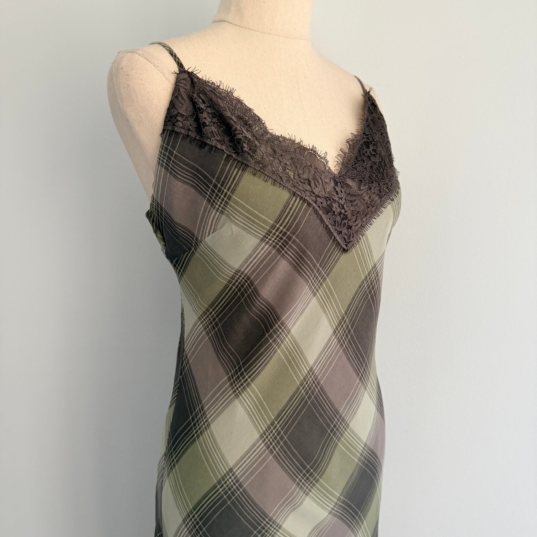 Glassons Khaki Charcoal Check Slip Dress Lace Trim Maxi Size 14 Evening BNWT - Image 11