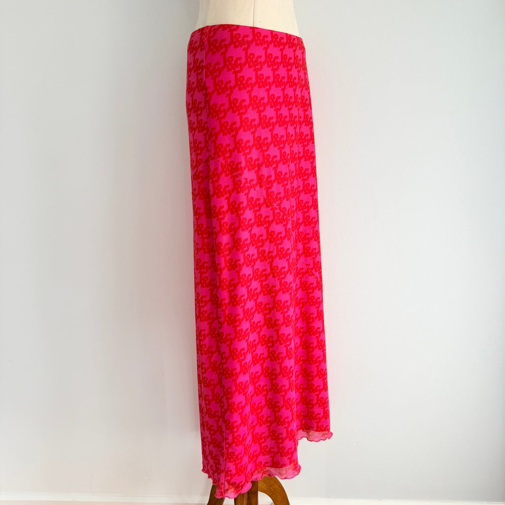 JGR & STN Pink Red Polyester Monogram Mesh Maxi Skirt Size 10 Party Night Out - Image 9