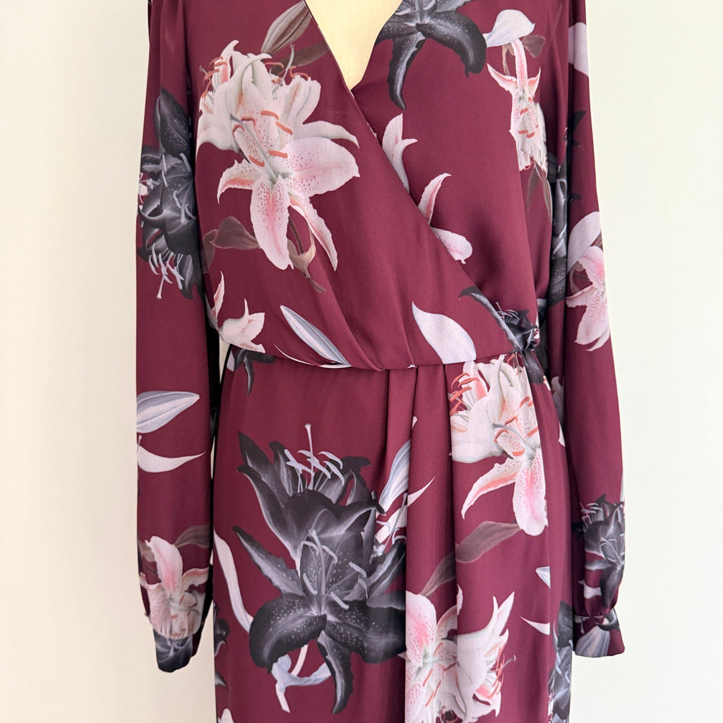 Portmans Floral Wrap Dress Burgundy Size 8 Elegant Long Sleeve - Image 9