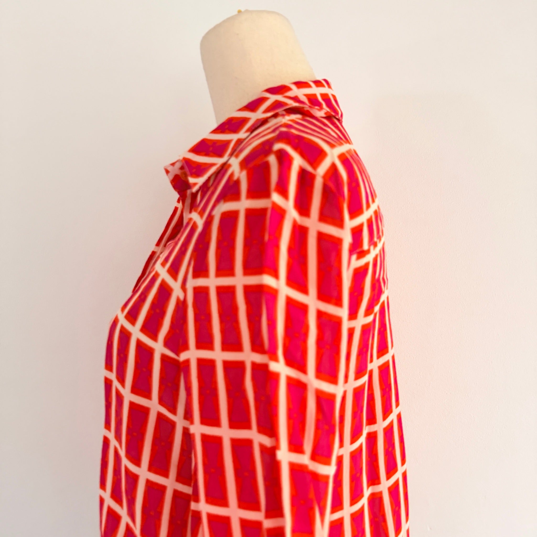 Orange Black Silk Geometric Print Shirt Dress Size S Boho Casual - Image 11