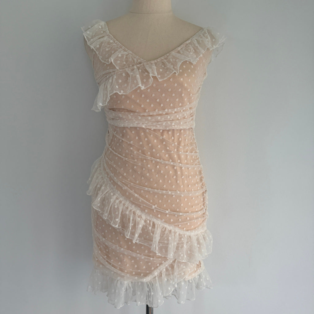 MDS Collections White Nude Mesh Swiss Dot Ruffle Mini Dress Size S Party - Image 1
