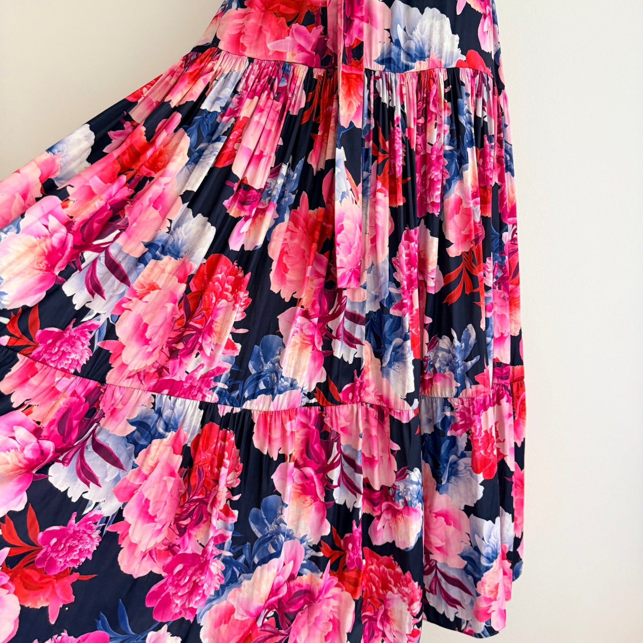 Portmans Floral Maxi Dress Navy Pink Tiered Sleeveless With Belt Sz 14 Casual - Image 11