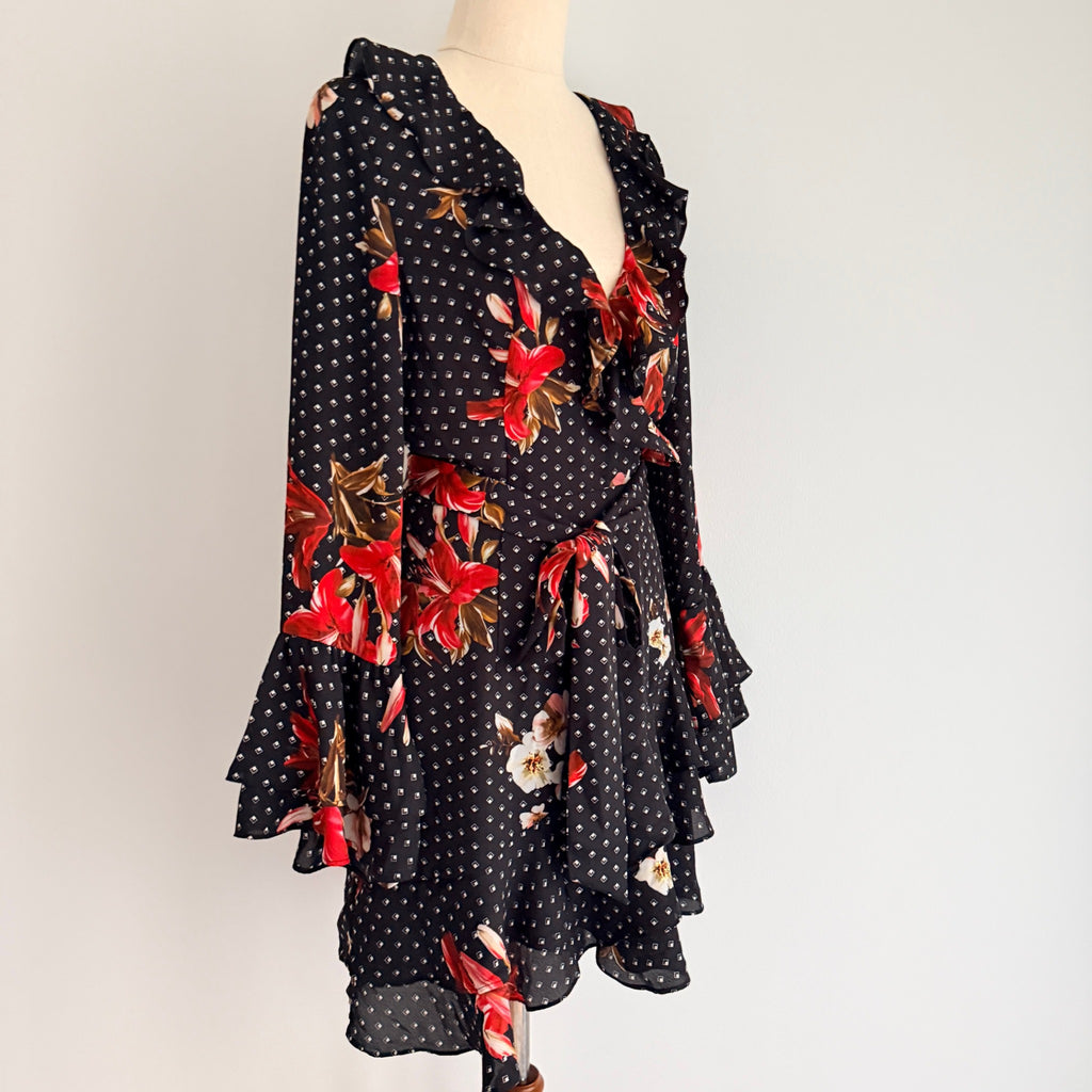 Sheike Black Floral Polka Dot Ruffle Wrap Dress Size 8 - Image 5