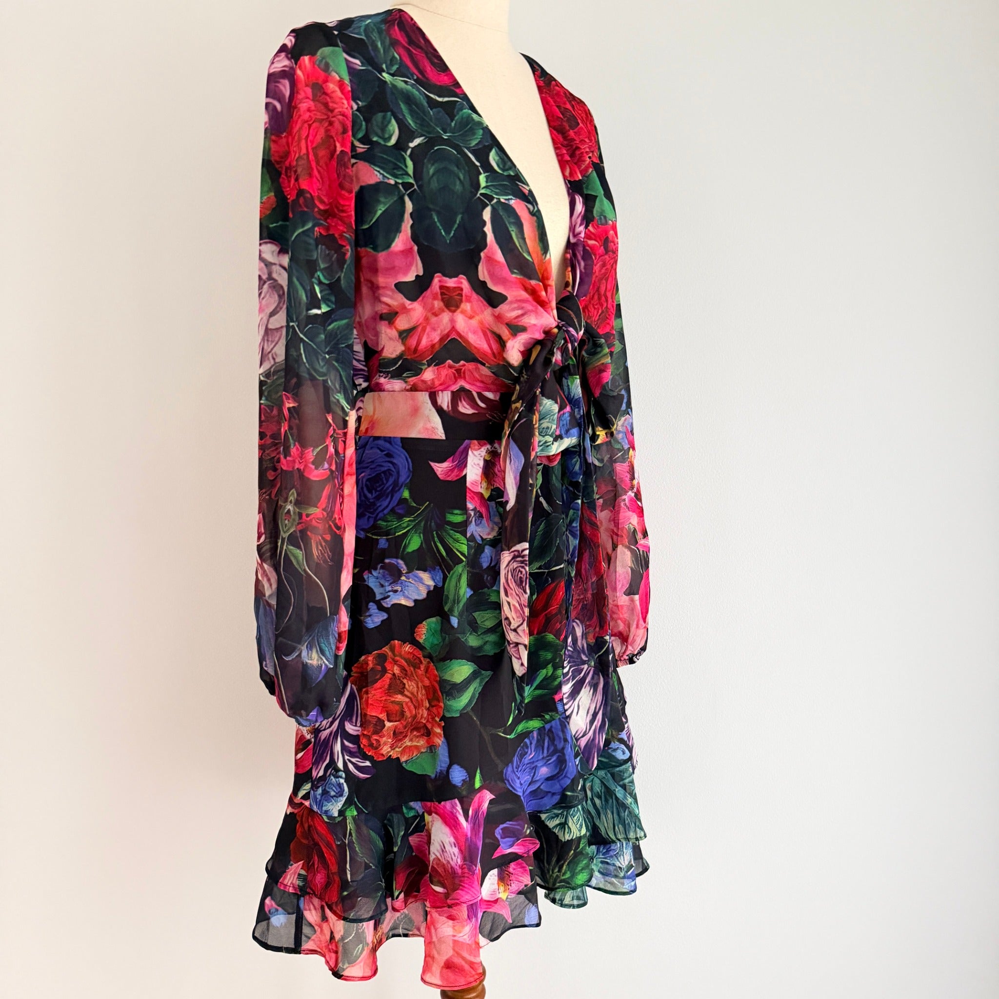 Sheike Floral Print Tie-Front Long Sleeve Mini Dress Size 8 - Image 8