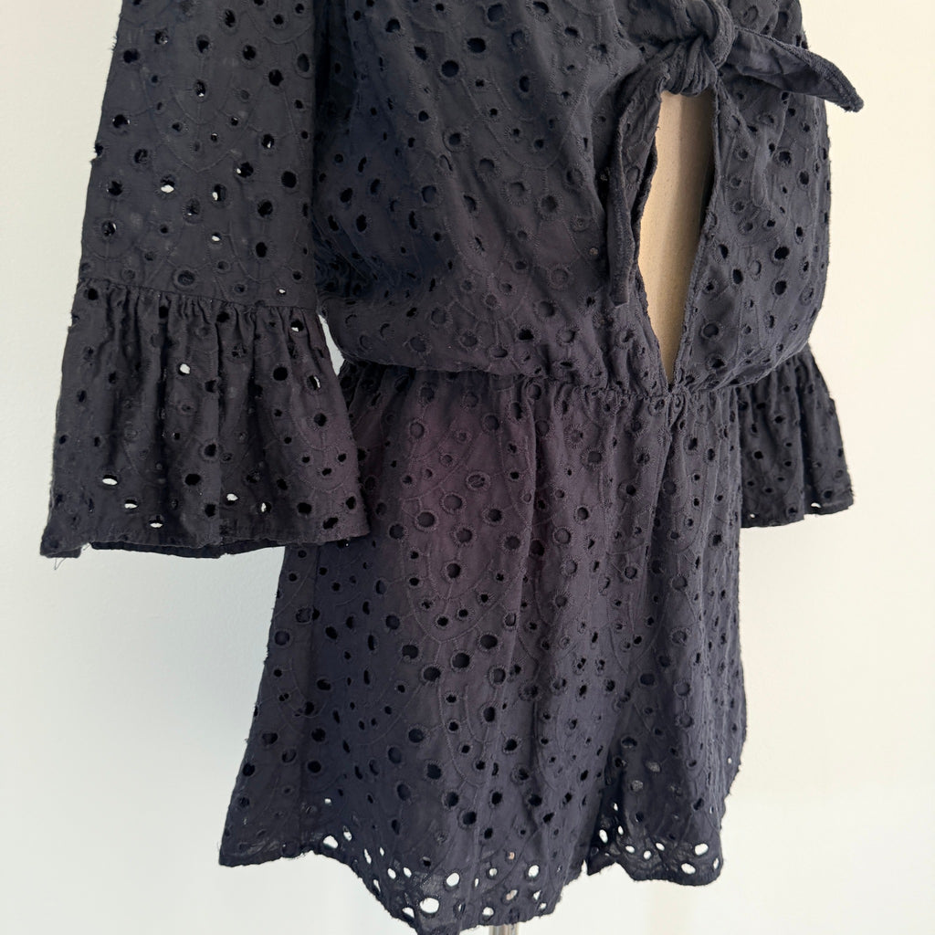 Seed Heritage Black Cotton Eyelet Playsuit Sz 10 Tie-Front Bell Sleeve Summer - Image 14