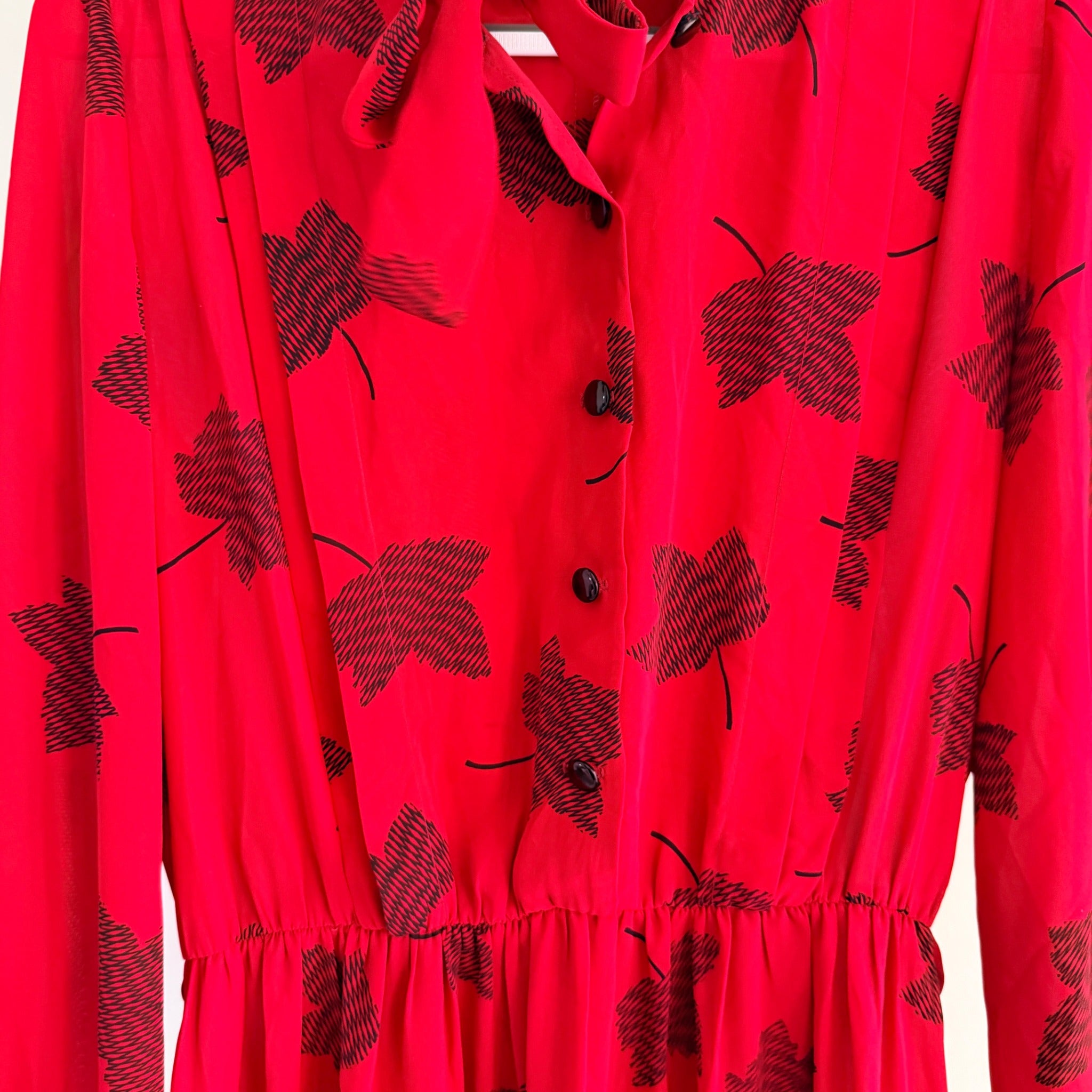 Maxine Vintage Red Black Leaf Print Polyester Pussy Bow Midi Dress Sz 14 Retro - Image 11
