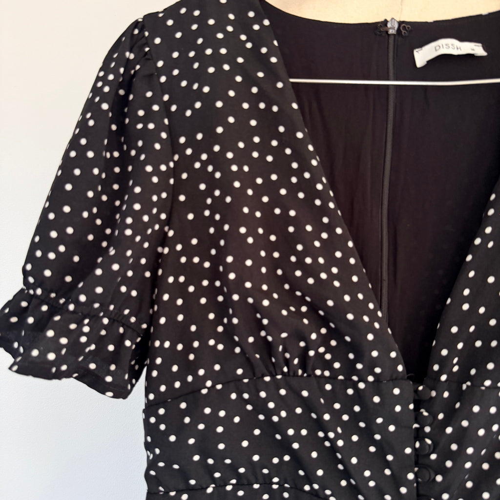 Dissh Black Polka Dot Polyester Jumpsuit Sz 14 Puff Sleeve V-Neck Party - Image 11