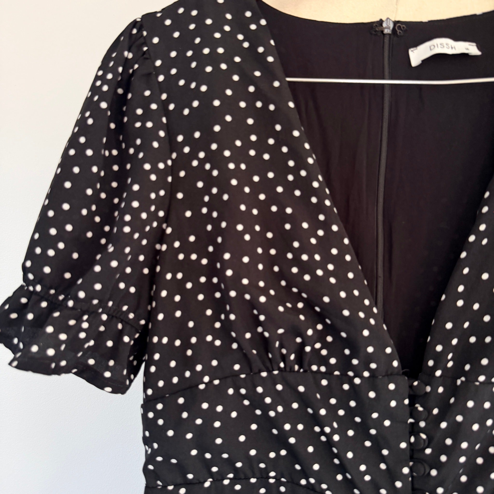 Dissh Black Polka Dot Polyester Jumpsuit Sz 14 Puff Sleeve V-Neck Party - Image 11