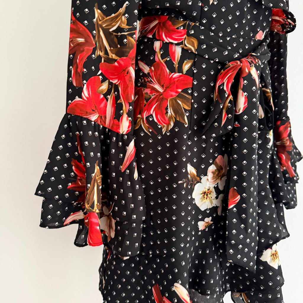 Sheike Black Floral Polka Dot Ruffle Wrap Dress Size 8 - Image 14