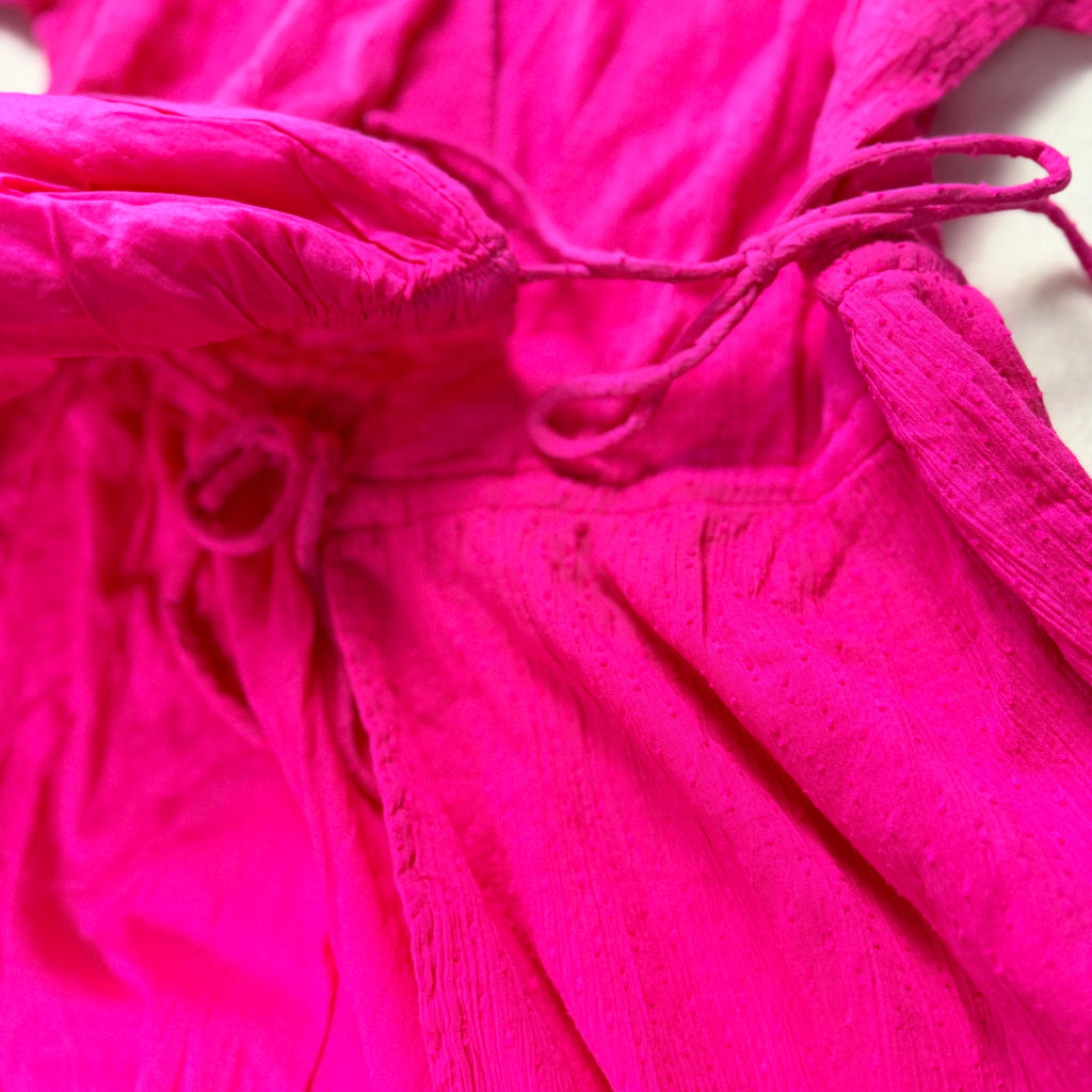 YAS Womens Wrap Dress Size XS Pink Cotton Puff Sleeve Tie Waist Summer - Image 15
