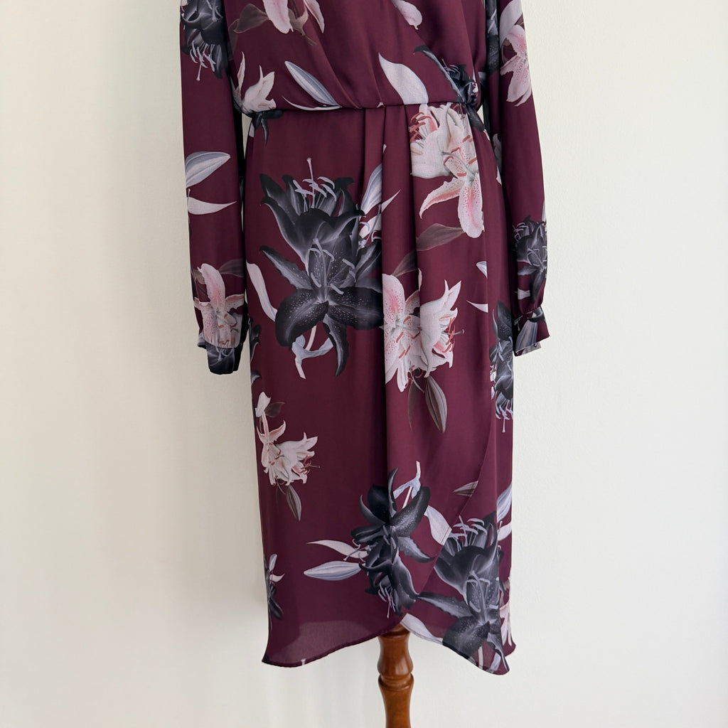 Portmans Floral Wrap Dress Burgundy Size 8 Elegant Long Sleeve - Image 10