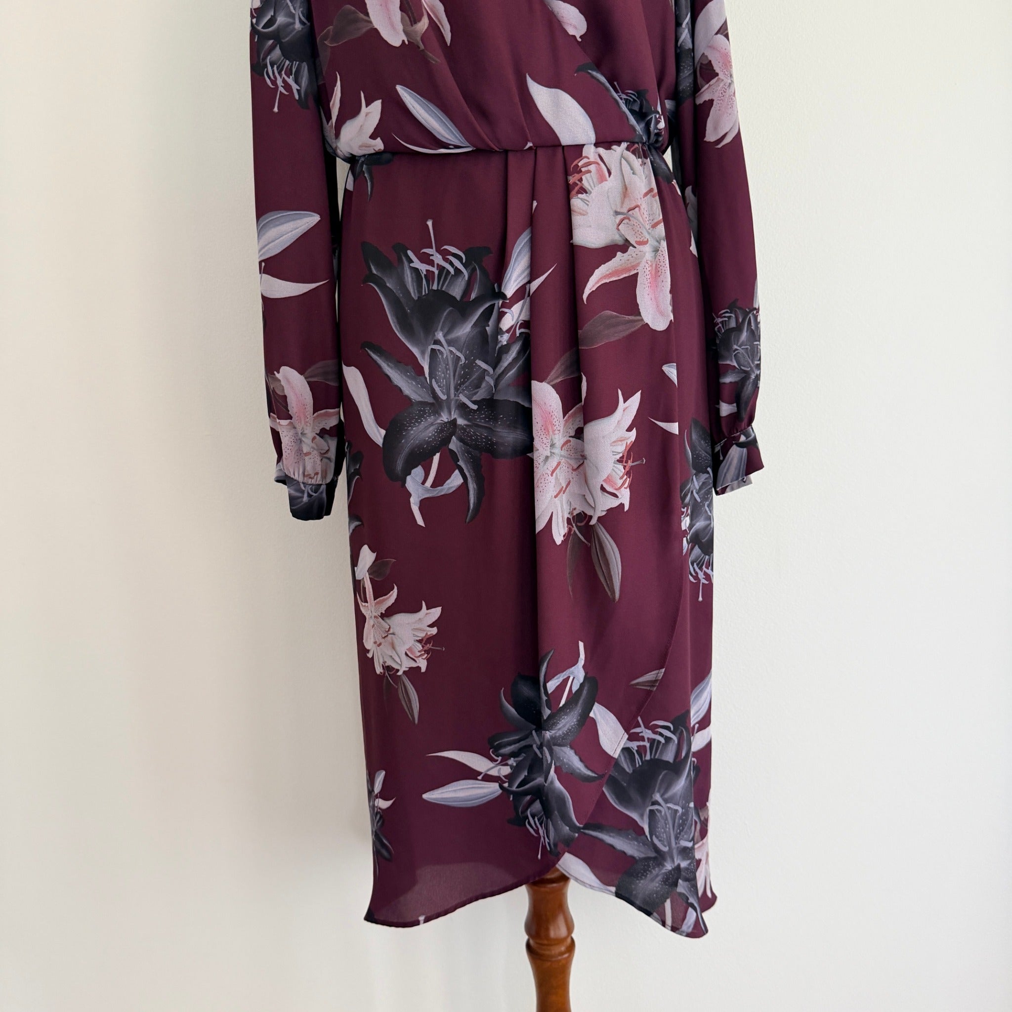 Portmans Floral Wrap Dress Burgundy Size 8 Elegant Long Sleeve - Image 10