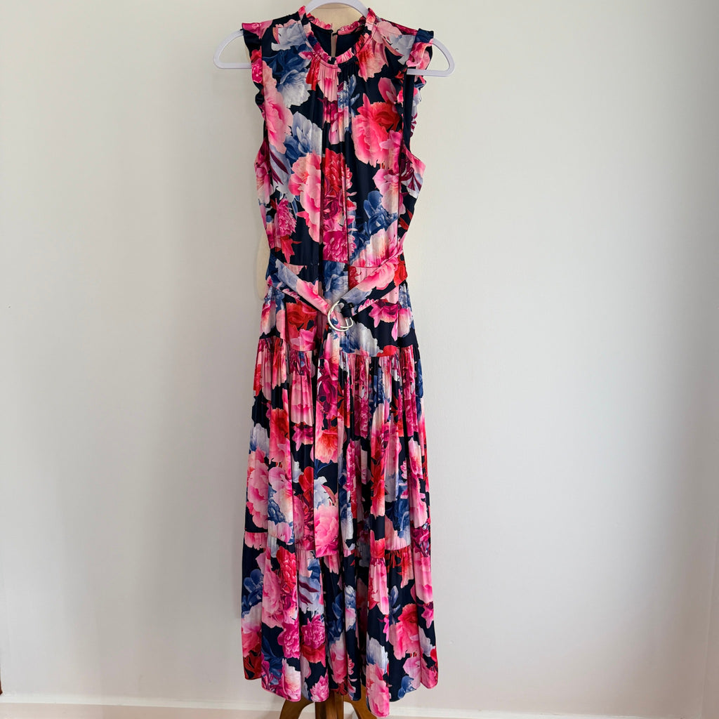 Portmans Floral Maxi Dress Navy Pink Tiered Sleeveless With Belt Sz 14 Casual - Image 12