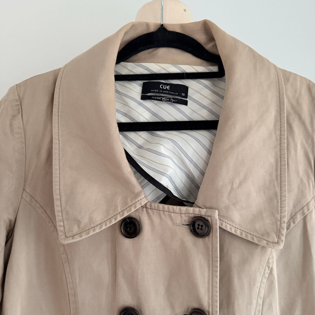 Cue Short Trench Coat  Size 10 Beige Cotton Linen Double Breasted Made Australia - Image 9