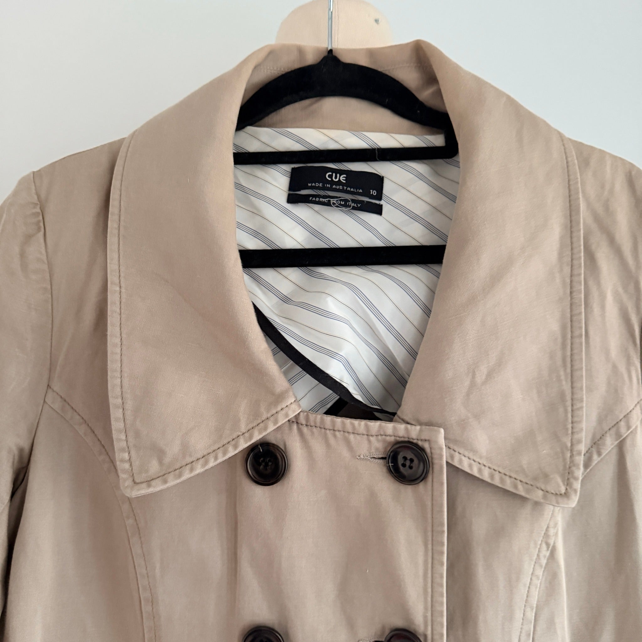 Cue Short Trench Coat  Size 10 Beige Cotton Linen Double Breasted Made Australia - Image 9