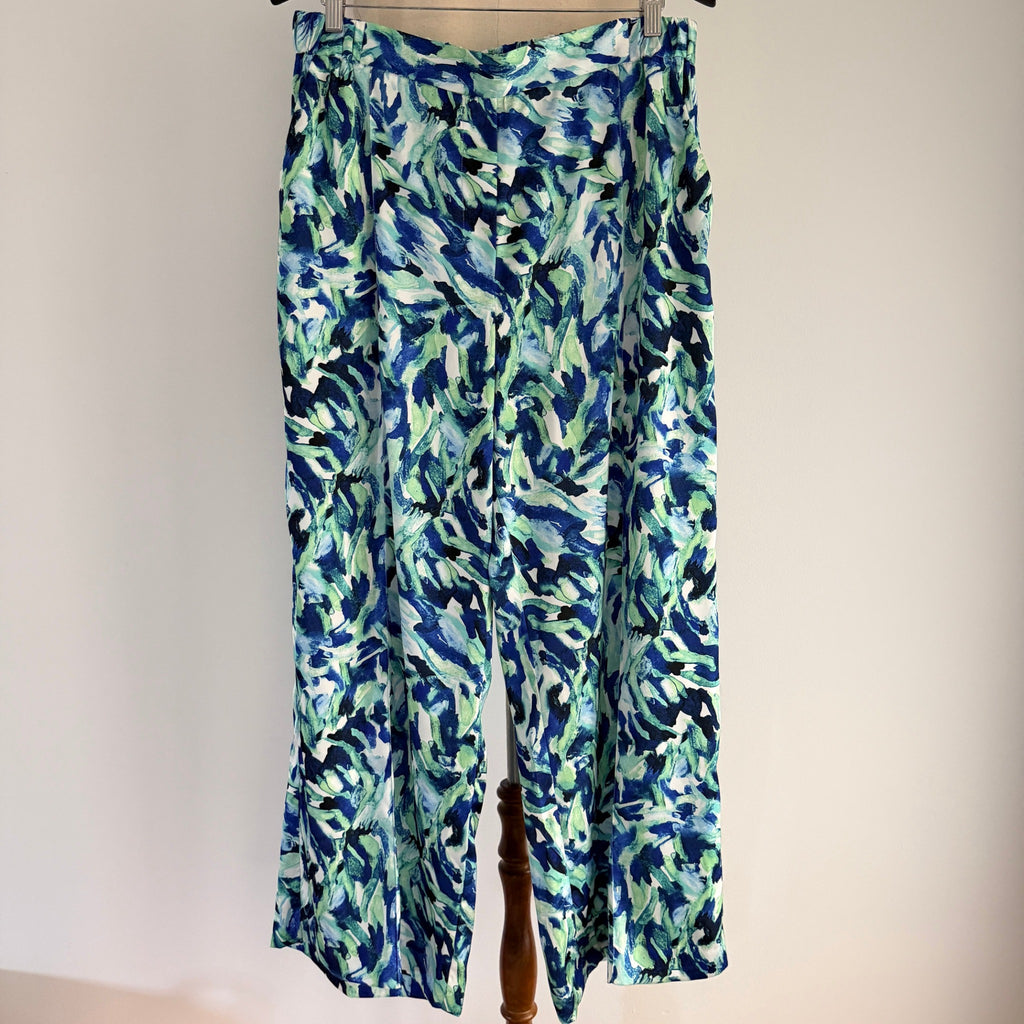 Basque Sz 14 Blue Green Abstract Print Recycled Wide Leg Pants Resort - Image 1
