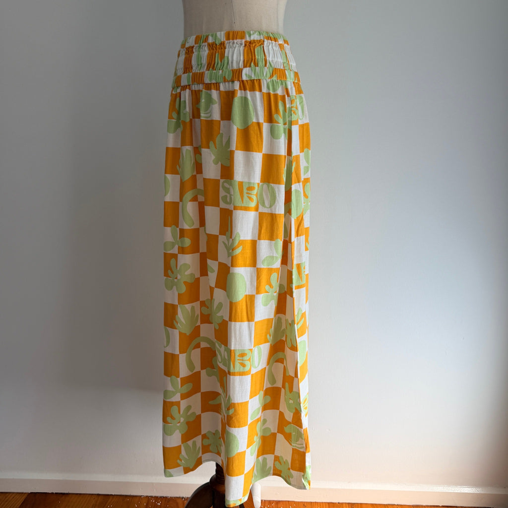Sabo Orange And White Checkered Leaf Print Maxi Skirt - Image 3