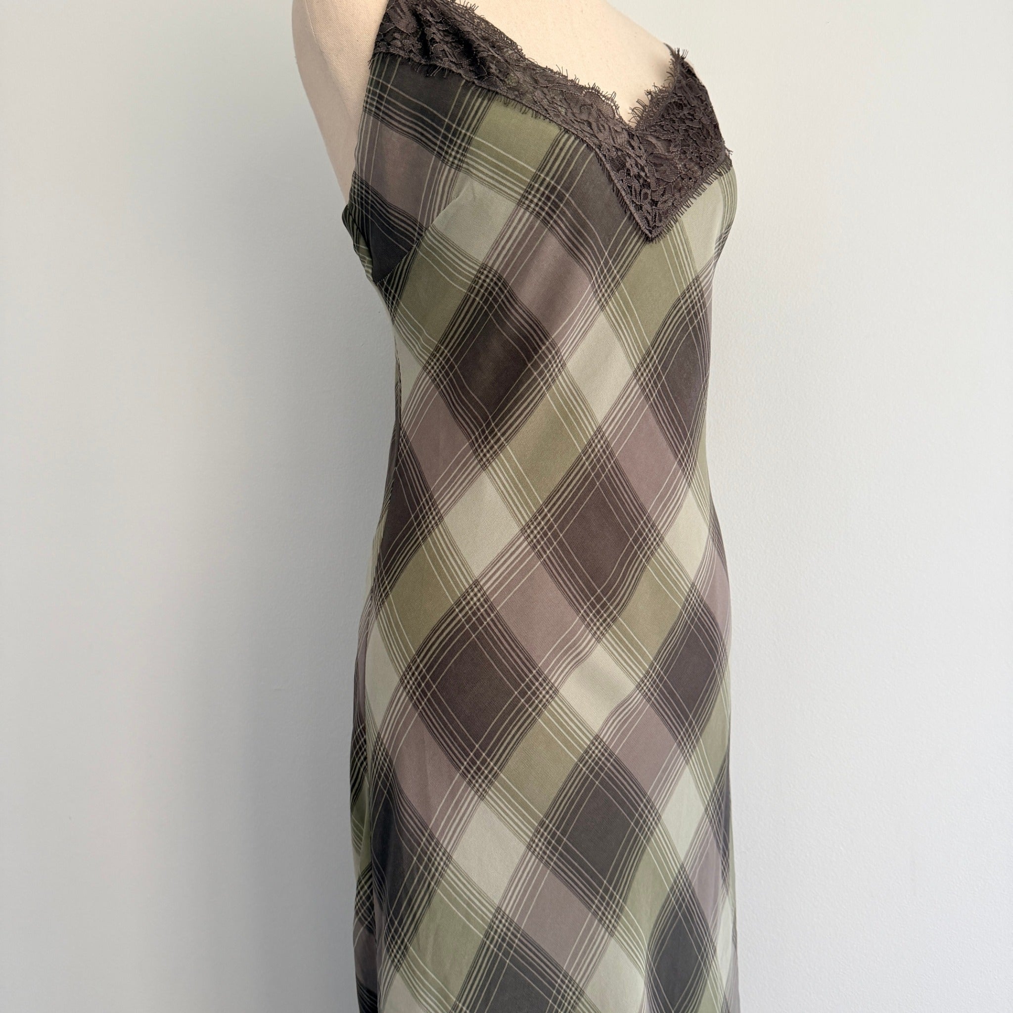 Glassons Khaki Charcoal Check Slip Dress Lace Trim Maxi Size 14 Evening BNWT - Image 12