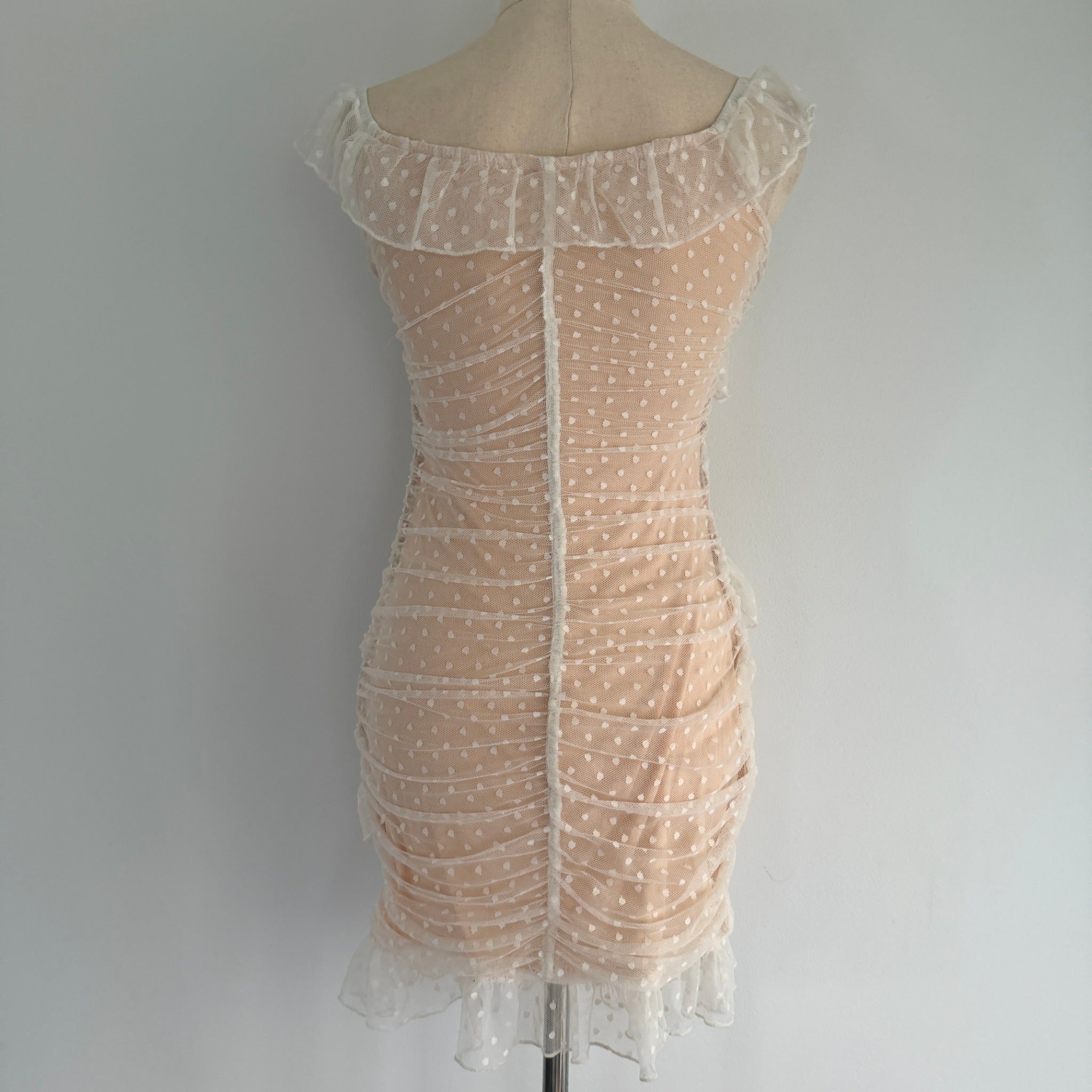 MDS Collections White Nude Mesh Swiss Dot Ruffle Mini Dress Size S Party - Image 2