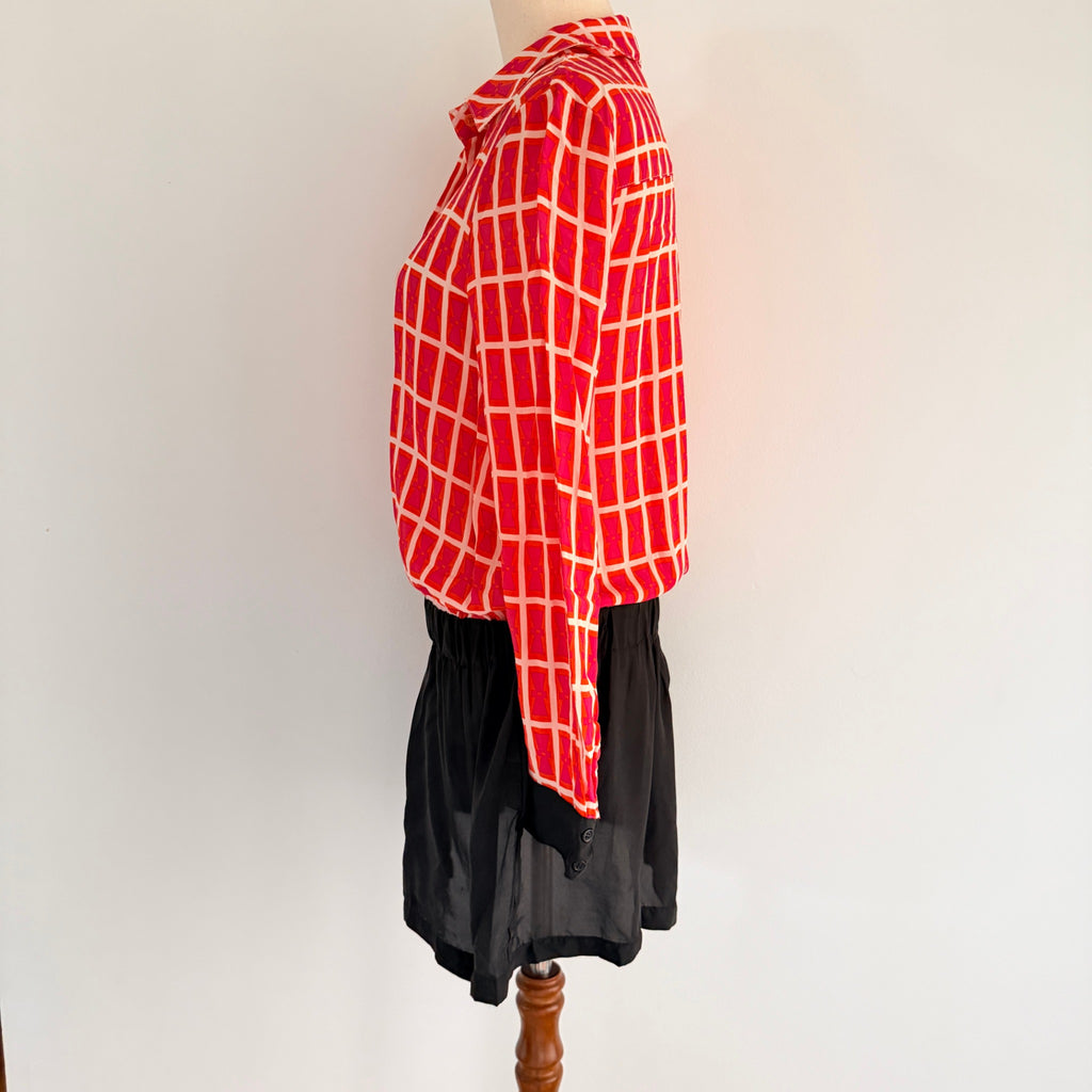 Orange Black Silk Geometric Print Shirt Dress Size S Boho Casual - Image 9