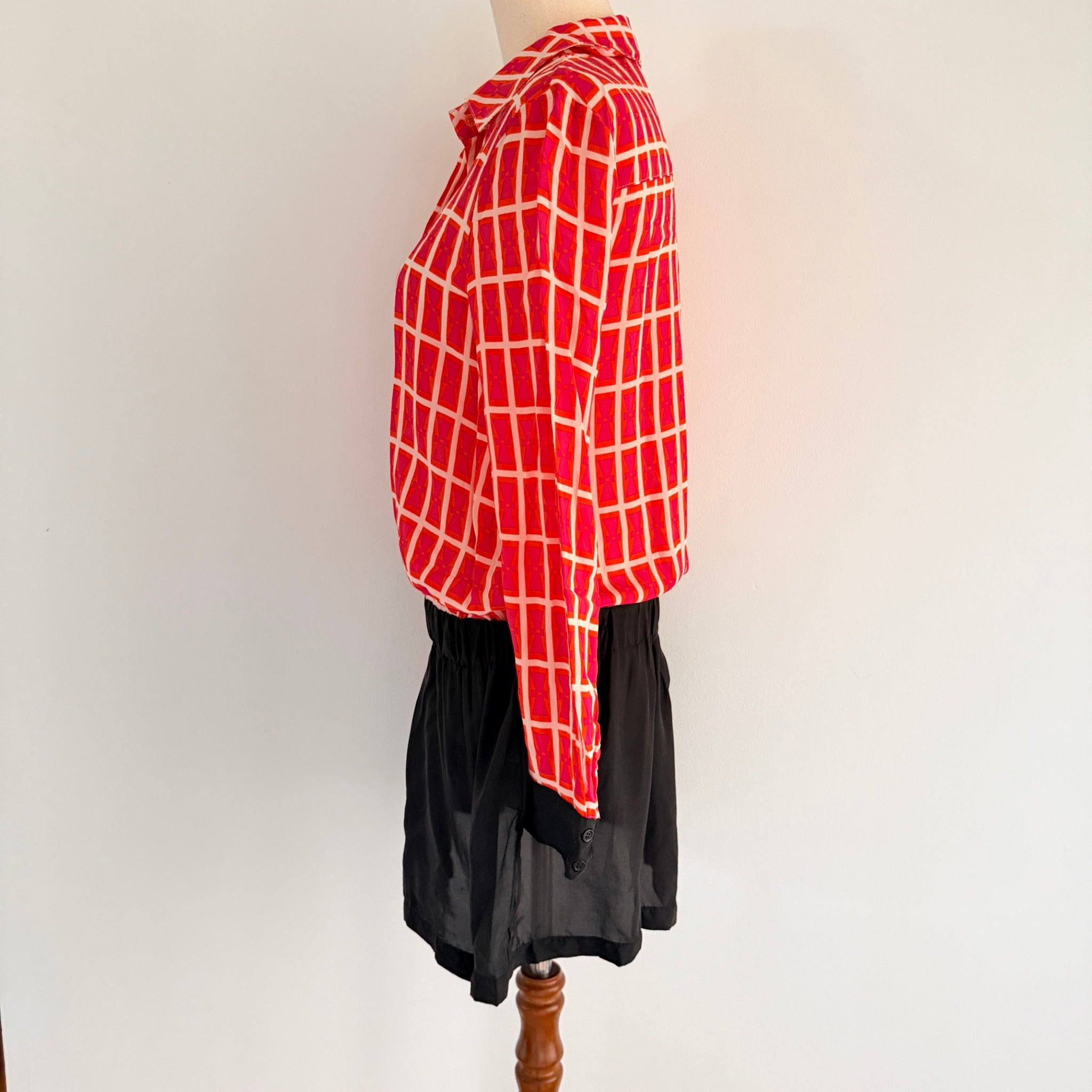 Orange Black Silk Geometric Print Shirt Dress Size S Boho Casual - Image 9